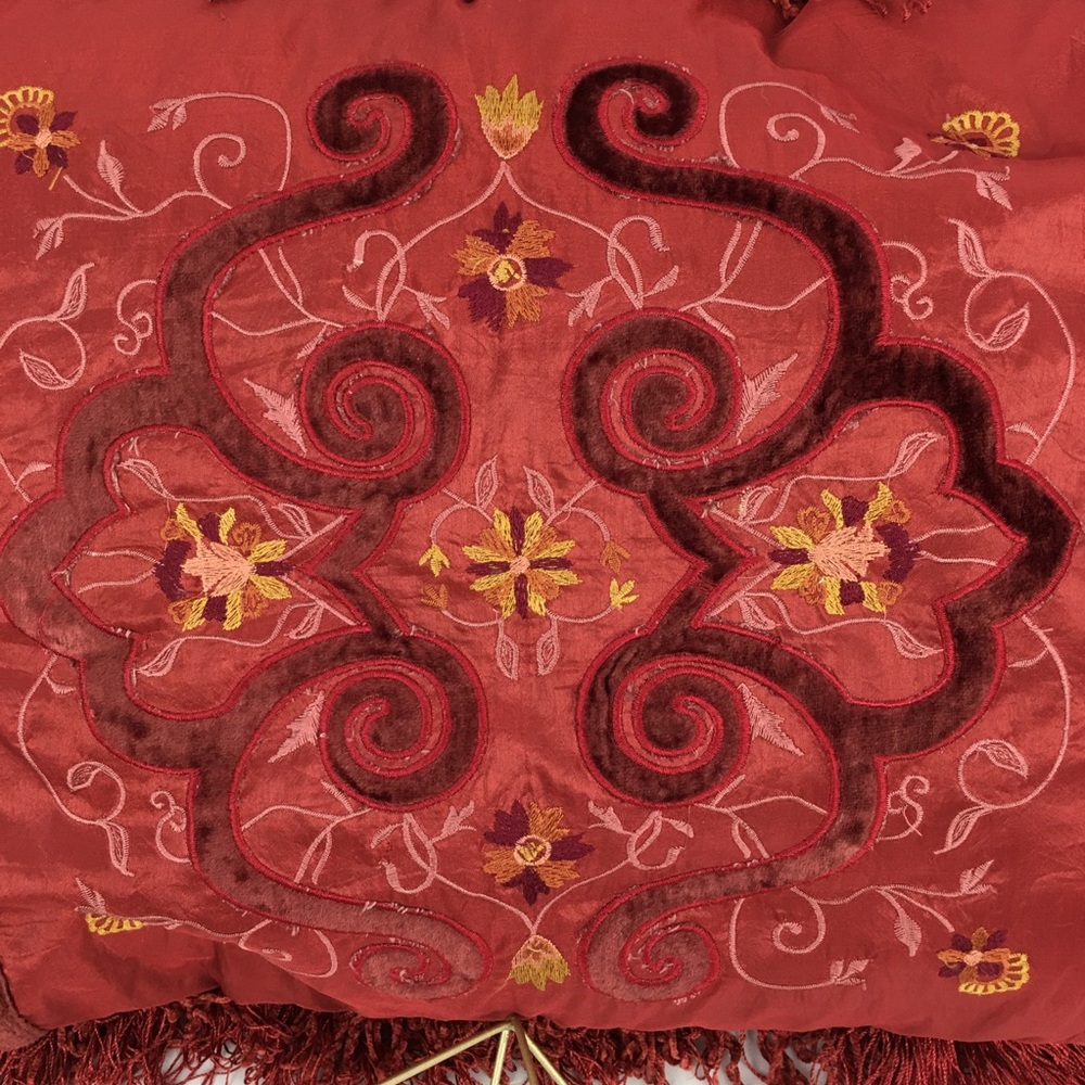 Silk Embroidered Fringe & Velvet Accent Pillow - Picture 3 of 5